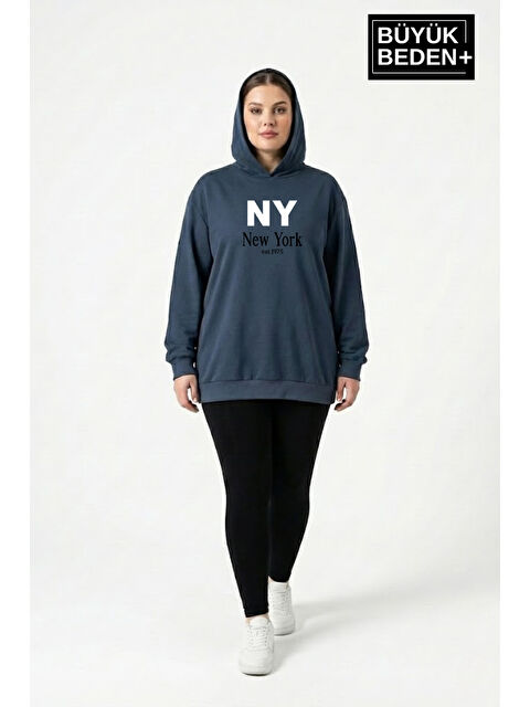 Süperlife Kadın Büyük Beden Kapüşonlu NY NewYork Baskılı ince Swatshırt SPR26BSWK957-15