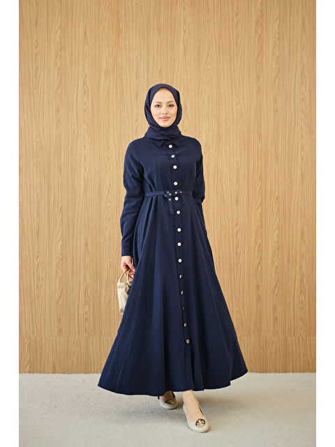 Locco Moda Kadın Boydan Düğmeli Kemerli Elbise Lacivert