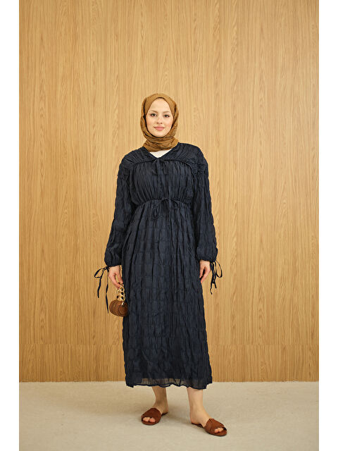Locco Moda Kadın Büzgü Detay Bağcıklı Elbise Lacivert