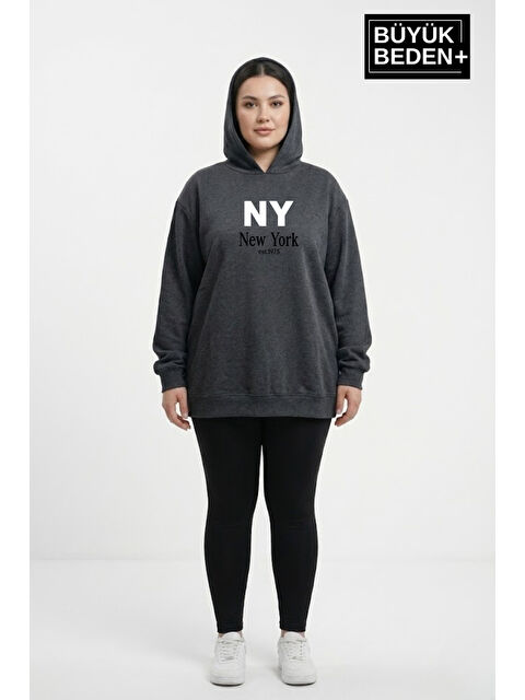Süperlife Kadın Büyük Beden Kapüşonlu NY NewYork Baskılı ince Swatshırt SPR26BSWK957-15