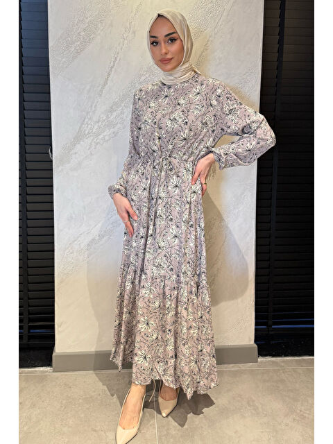 Julude Çiçek Desenli Bel Bağlamalı Tesettür Viskon Elbise - S000365155-20600