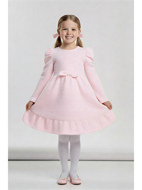 Modanino Kız Çocuk Elbise -Vatka Omuzlu-Fiyonk Detaylı 2-10 Yaş 12530 - S000516731-20024