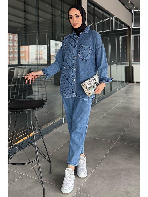 Julude Kadın Tek Cepli Taş Detaylı Jean Jean Ceket Pantolon Tesettür İkili Takım - S000365157-17234