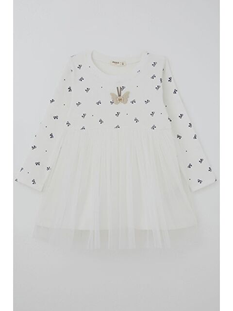 Breeze Kız Çocuk Uzun Kollu Elibise Fiyonk Desenli Aplike Kelebek Arma Detaylı Ekru (2-6 Yaş)