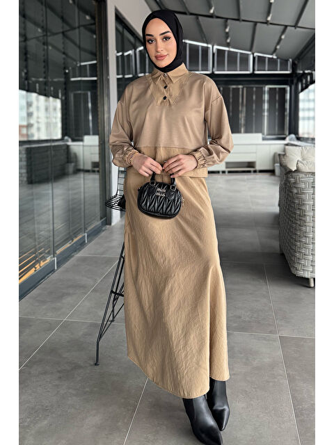 Julude Bel Lastikli Paraşüt Garnili Yaka Çıtçıt Detaylı Bluz Etek Tesettür İkili Takım - S000365158-19928