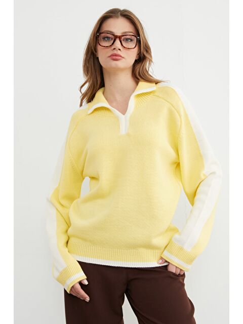 Fullamoda Şeritli Polo Yaka Salaş Triko Kazak - S000480997-20072