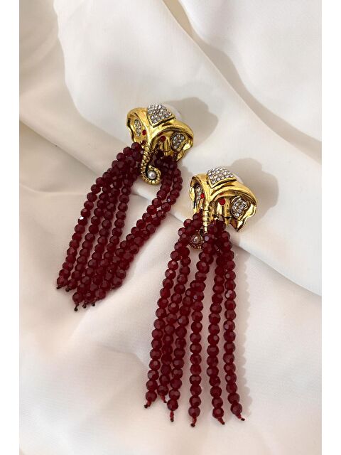 New Obsessions Elephas Bordo Kristal Boncuk Sallantılı Kadın Küpe - S000333627-20076