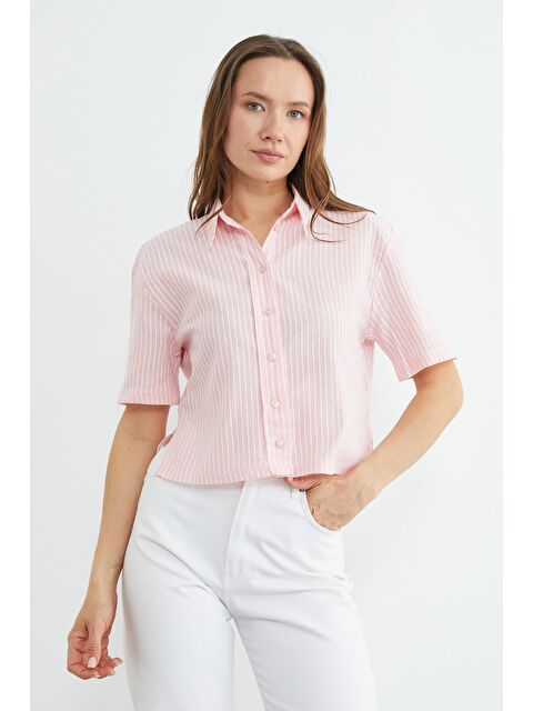 Fullamoda Çizgili Oversize Crop Gömlek - S000530033-20024