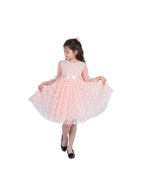 Mnk Baby & Kids Prenses İri Puanlı Tokalı Dantel Kumaş Kız Çocuk Elbise MNK0547 - S000396993-24085