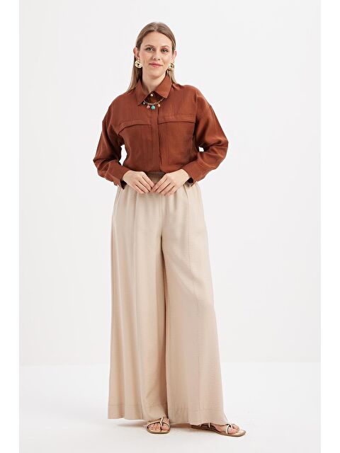 ALLDAY Bej-Beli Lastikli Geniş Paça Pantolon - S000501536-19928