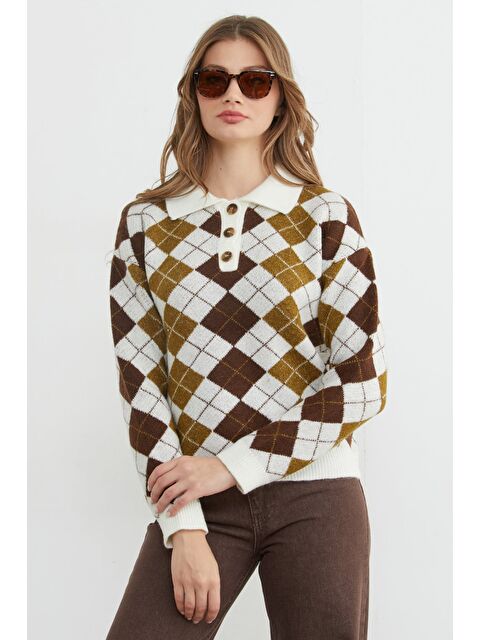 Fullamoda Baklava Desenli Yarım Düğmeli Polo Yaka Triko Kazak - S000481330-18194