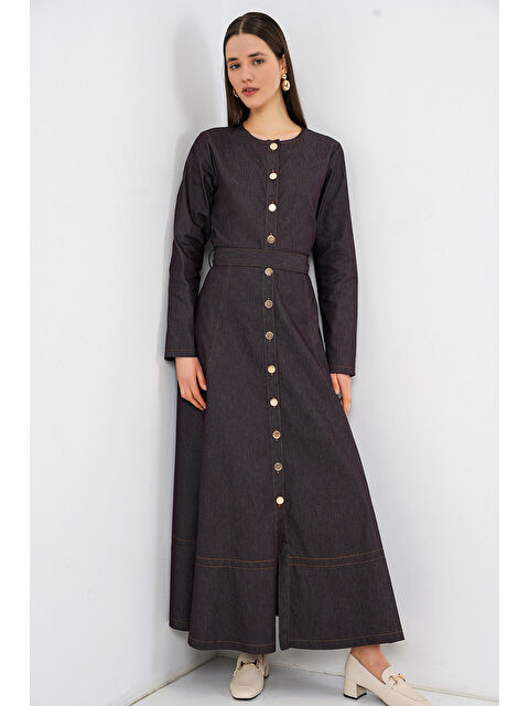 Bigdart Kadın Kuşaklı Uzun Denim Elbise 2595 - Kahverengi