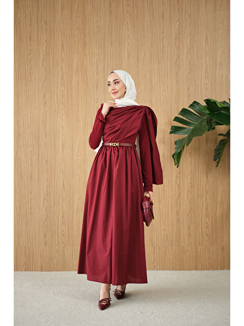 Locco Moda Kadın Şal Detaylı Kemerli Poplin Elbise Bordo