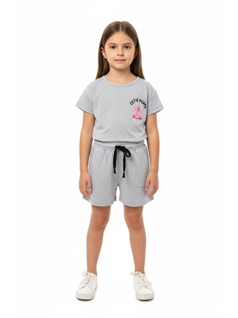 Toontoykids Kız Çocuk 2'li Şortlu Takım Bisiklet Yaka Düşük Omuz Kısa Kollu Baskılı Tişört - Beli Lastikli Bağl