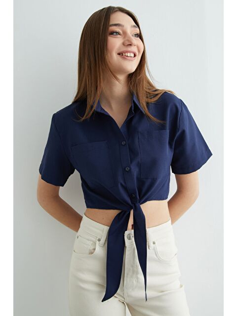 Fullamoda Önü Bağlamalı Çift Cepli Crop Gömlek - S000503908-21164