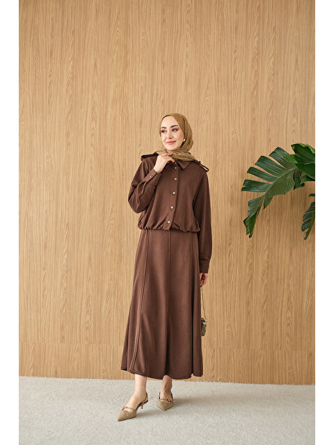 Locco Moda Kadın Gömlek Yaka Gümüş Düğme Detay Takım Kahverengi