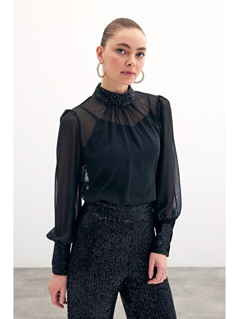 SATEEN Payet Detaylı Bluz - Siyah - S000384937-19351