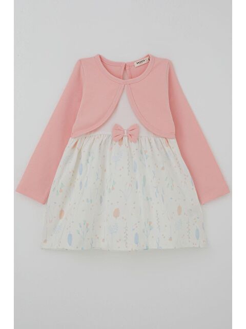 Breeze Kız Çocuk Uzun Kollu Elbise Bolerolu Eteği Çiçek Desenli Fiyonklu Pembe (3-8 Yaş)