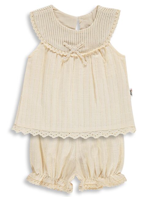 Civil Baby Yaka Dantelli Çizgili Kumaş 6-18 Ay Takım - Bej