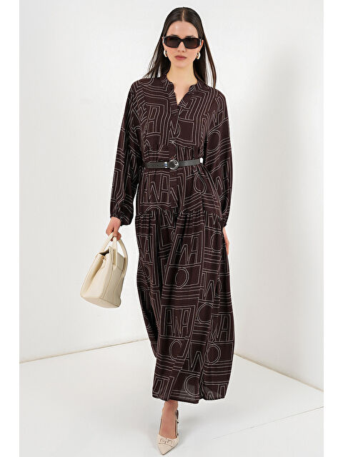 Bigdart Kadın Desenli Uzun Tesettür Elbise 2585 - Y.Kahve