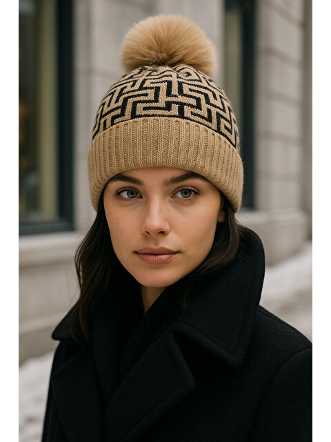 Luminos Butik Kadın Camel Deseneli Ponponlu Yünlü Bere BERE1144 - S000465367-4557