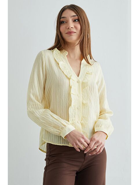 Fullamoda Önü Fırfırlı Çizgili Jakarlı Gömlek - S000504153-20072