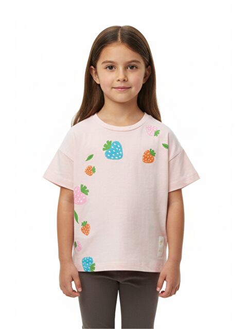 Toontoykids Kız Çocuk Bisiklet Yaka Düşük Omuz Kısa Kollu Baskılı Tişört 25005