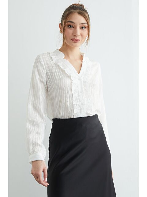 Fullamoda Önü Fırfırlı Çizgili Jakarlı Gömlek - S000504153-20063