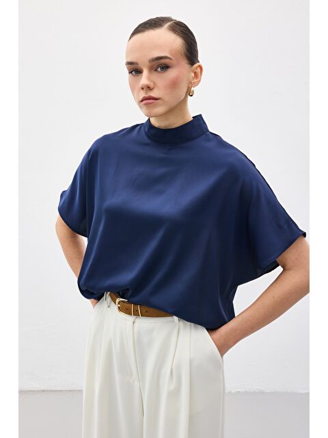 SATEEN Yarasa Kol Salaş Bluz - Lacivert - S000323453-21164