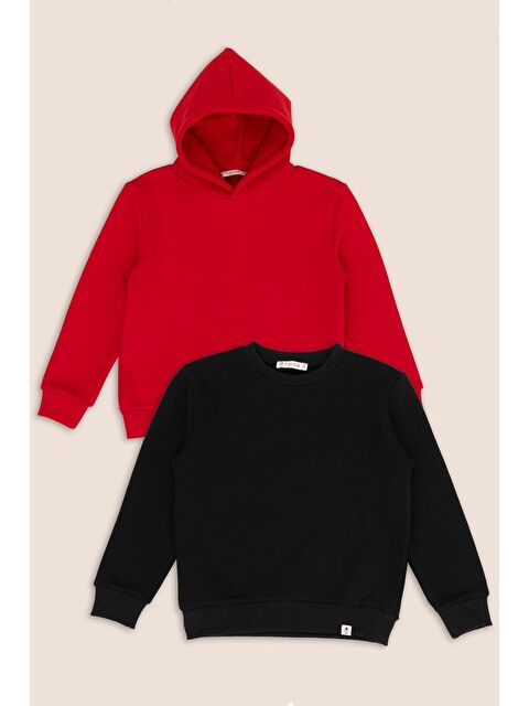 For You Kids 2 Li Kırmız Kapüşonlu Siyah Bisiklet Yaka Kız Çocuk Sweatshirt - S000334955-37434