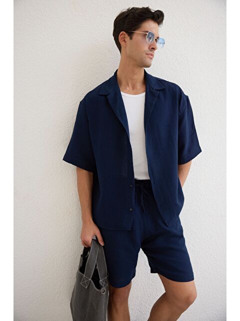 Livio Ferri Xar Erkek Oversize Müslin Şort Gömlek Takım %100 Pamuk Soft Feel