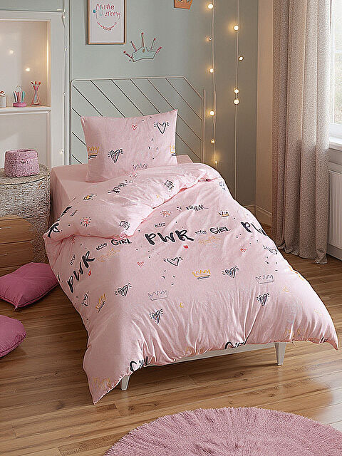 UPSTYLE Tek Kişilik Pamuklu Nevresim Takımı 3 Parça Power Desenli Pembe Yumuşak Dokulu - S000459355-20024