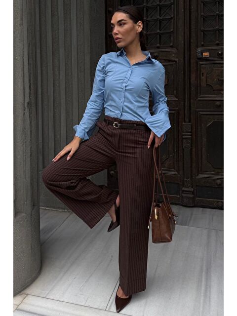 Madmext Kahverengi Çizgili Geniş Paça Normal Bel Kemerli Pantolon Mg2735 - S000527525-19413