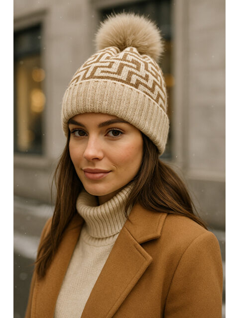 Luminos Butik Kadın Bej Deseneli Ponponlu Yünlü Bere BERE1144 - S000465367-19928