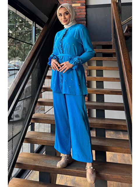 Julude Tesettür Bel Kuşaklı Taşlı Tunik Pantolon İkili Takım - S000386573-17234