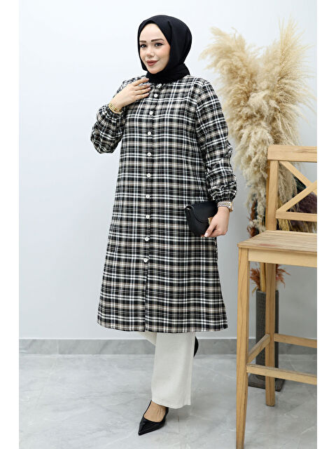 Tesettür Dünyası Düğmeli Ekose Takım TSD260154 Sütlü Kahve