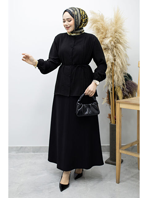 Tesettür Dünyası Piliseli mBağlamalı Etekli Takı TSD260173 Siyah