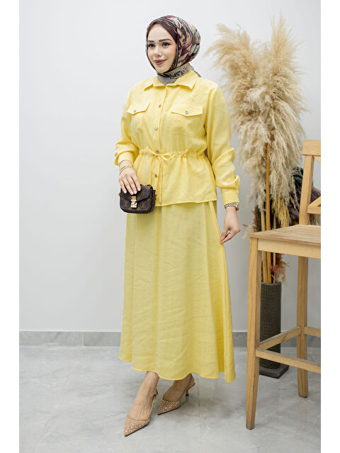 Tesettür Dünyası Cepli Beli Büzgülü Etekli Takım TSD260171 Sarı