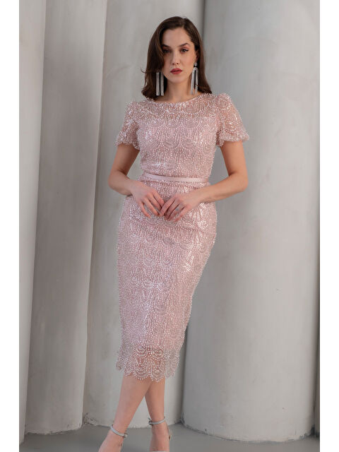 Lafaba Kadın Pudra Dar Kalıp Boncuklu Midi Abiye Elbise