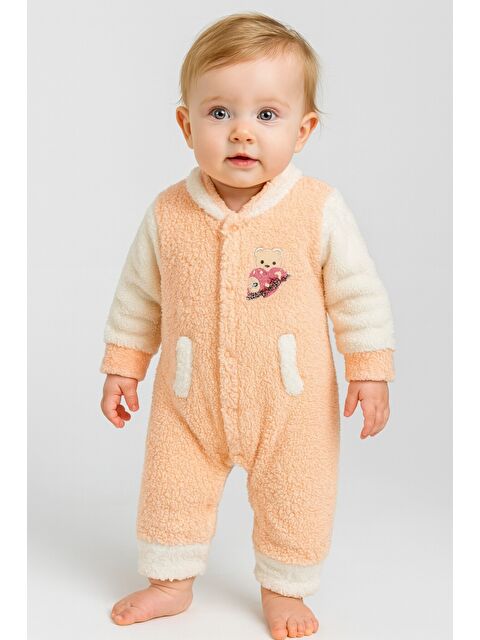 Kidex's Kışlık Tatlı Welsoft Kalpli Nakışlı Kolay Giyimli Kapüşonsuz Bebek Tulum