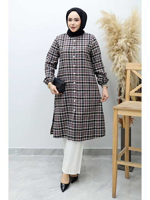 Tesettür Dünyası Düğmeli Ekose Takım TSD260154 Gri