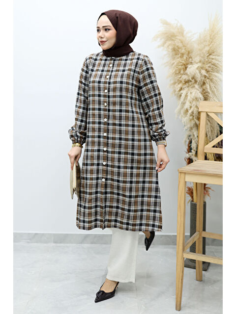 Tesettür Dünyası Düğmeli Ekose Takım TSD260154 Kahverengi