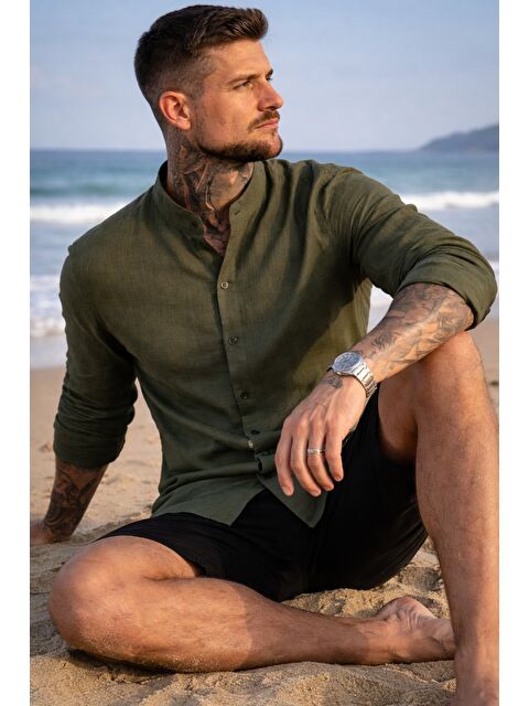 Tarz Cool Erkek Regular Hakim Yaka Keten Görünümlü Gömlek