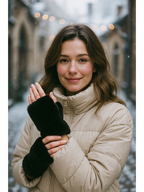 Luminos Butik Kadın Siyah Kesik Pelüş Eldiven ELD33 - S000464966-19351