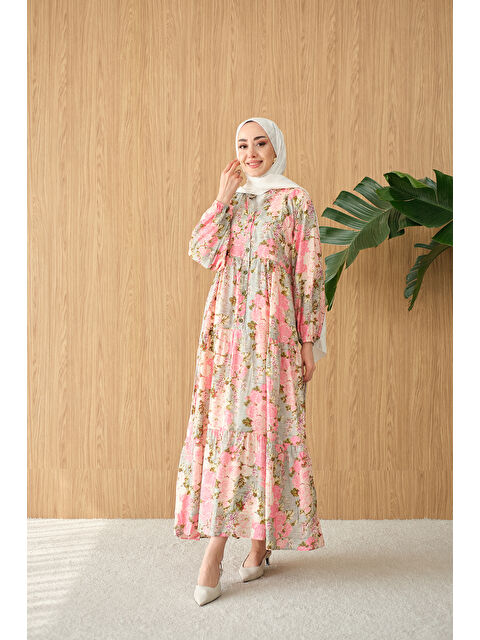 Locco Moda Kadın Mini Gül Desen Elbise Pembe