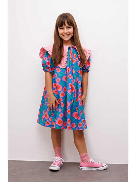 Le Mabelle Mavi Sivri Yakalı Çiçek Desenli Kız Çocuk Elbise - Megan