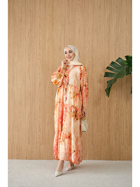 Locco Moda Kadın Soft Çiçek Desen Elbise Somon