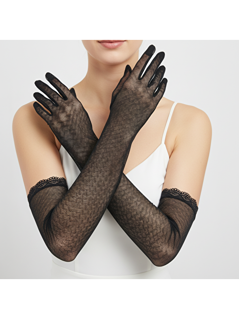 Bonbon Kadın Dantelli Elastanlı Tül Siyah Renk Eldiven Bb2467