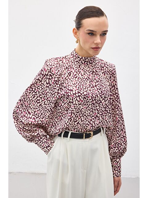 SATEEN Desenli Bluz - Mürdüm - S000521302-20036