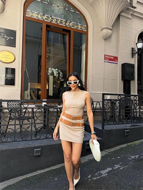 Jane's POLYVİSCON ÇİFT KEMER DETAYLI ELBİSE - Bej